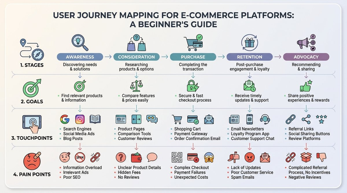 Infographic illustrating the stages, goals, touchpoints, and pain points in user journey mapping for e-commerce.