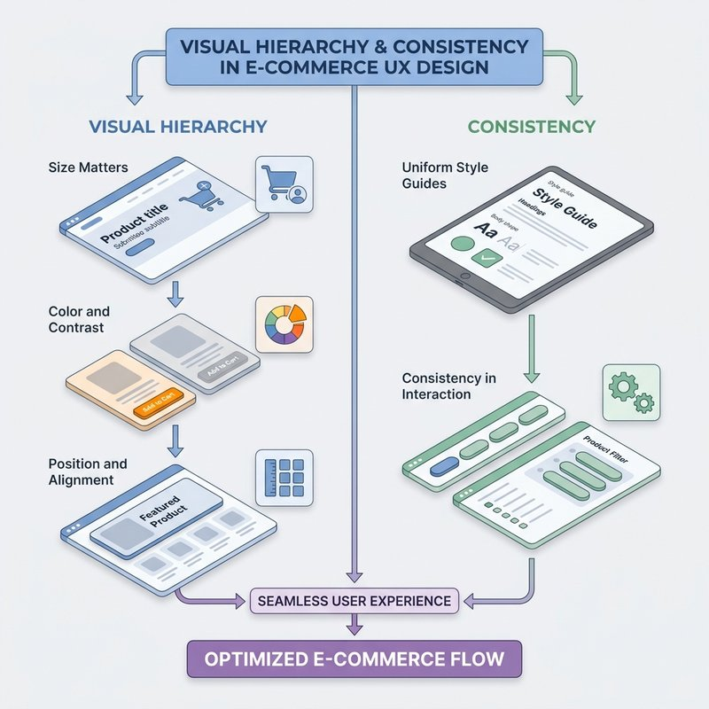 Diagram showing the principles of visual hierarchy and consistency in UX design, including size, color, contrast, alignment, and uniform style guides.