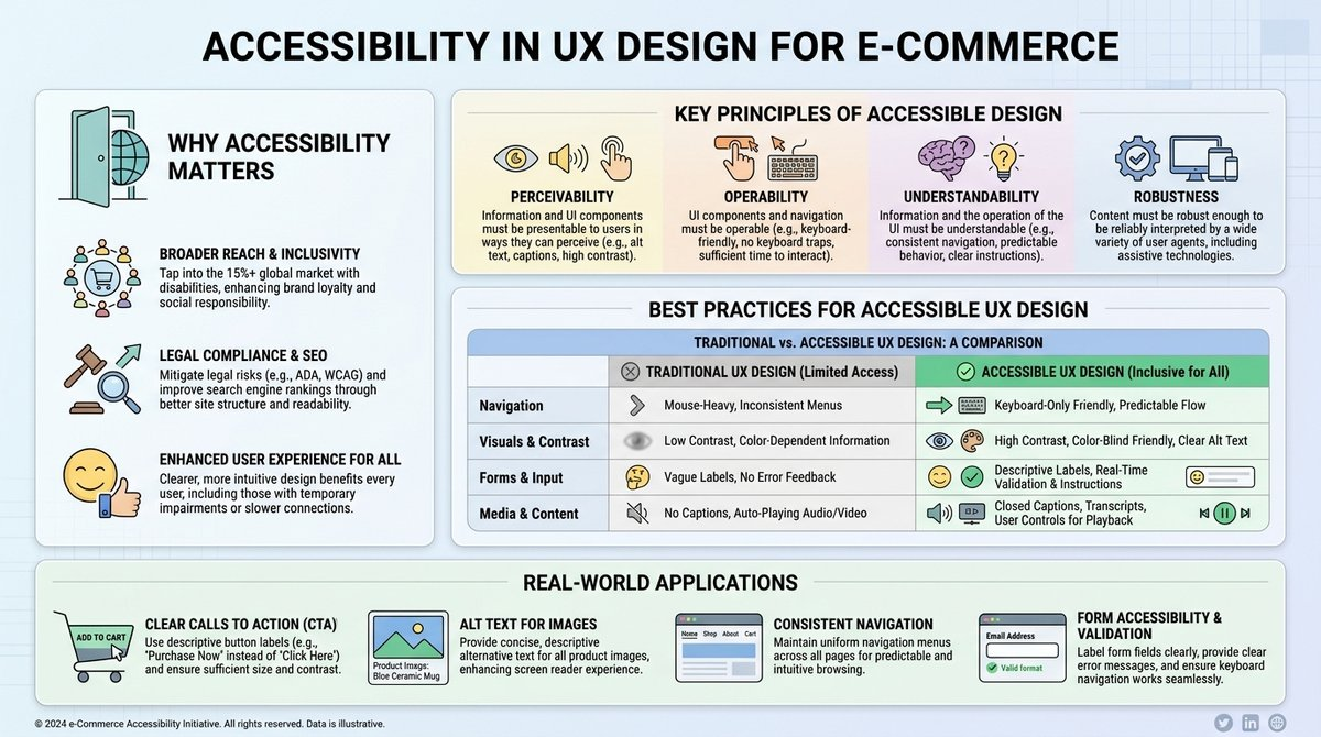 Infographic comparing traditional UX design with accessible UX design, highlighting differences in focus, navigation, feedback, testing, and content design.