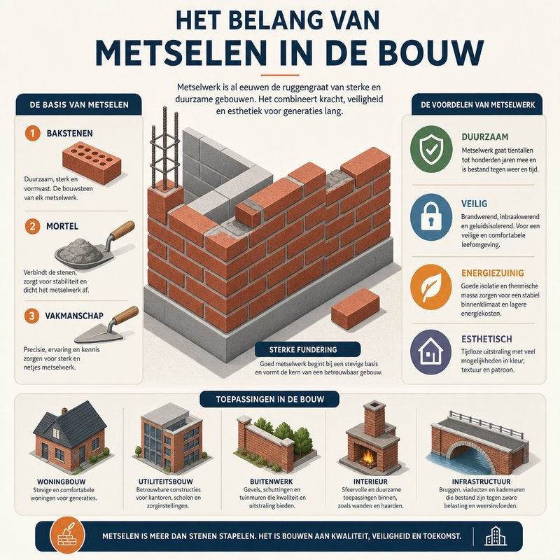 Diagram van de basiscomponenten van metselen, inclusief bakstenen, mortel en technieken.