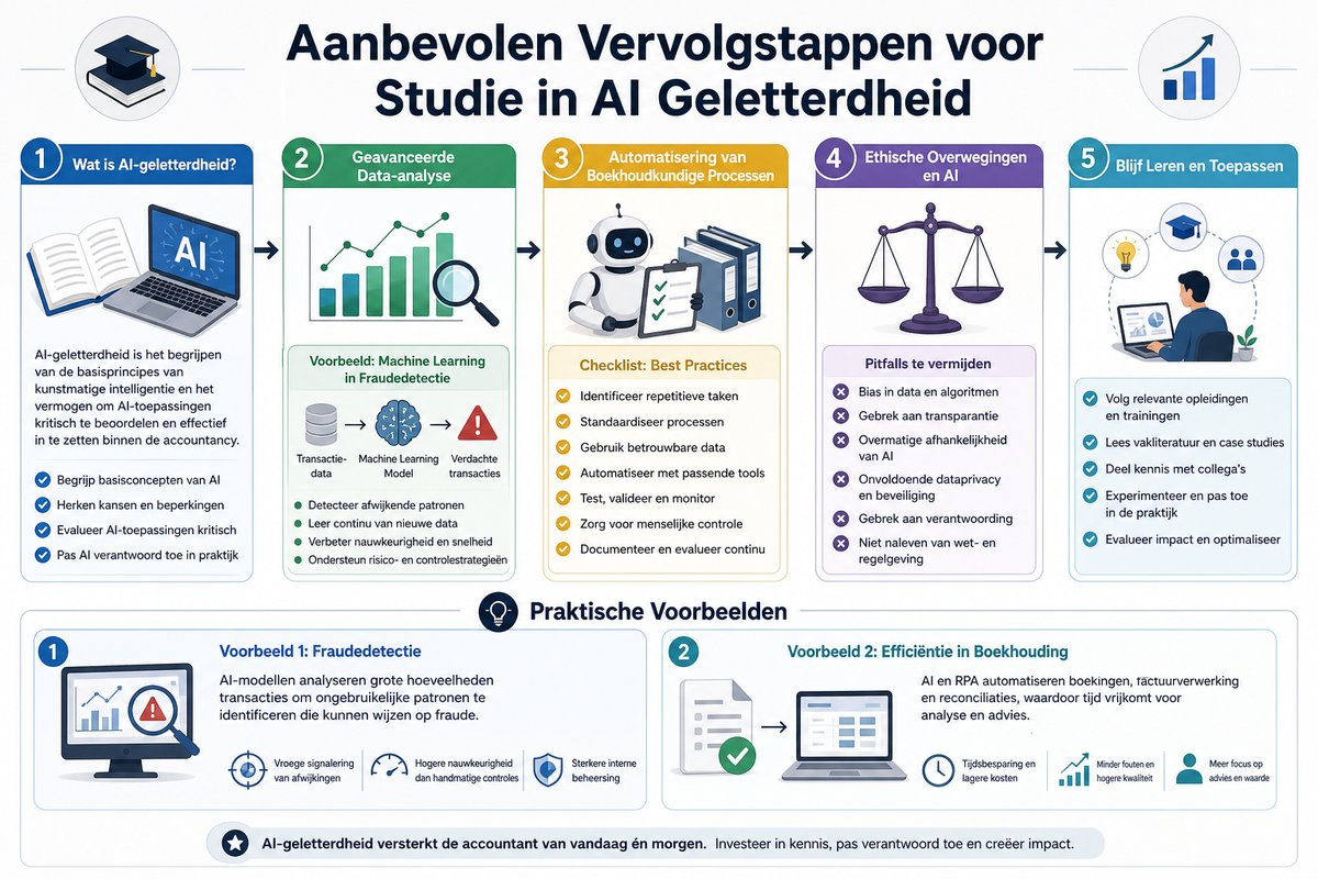 Infographic over AI-geletterdheid in accountancy, met nadruk op data-analyse, automatisering en ethische overwegingen.