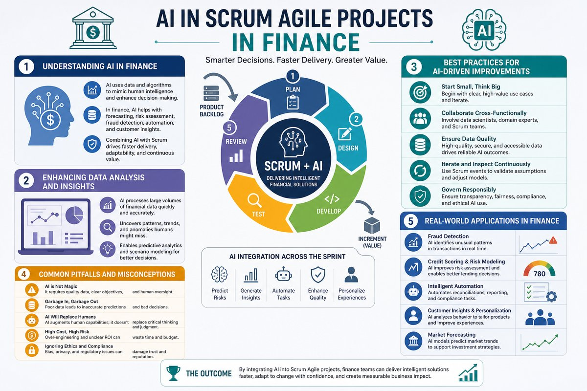 Infographic showing the integration of AI tools in Agile Scrum processes for financial projects.