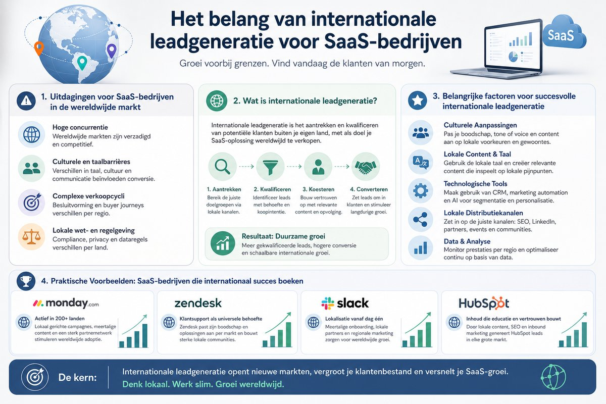 Infographic over de belangrijkste factoren voor succesvolle internationale leadgeneratie voor SaaS-bedrijven
