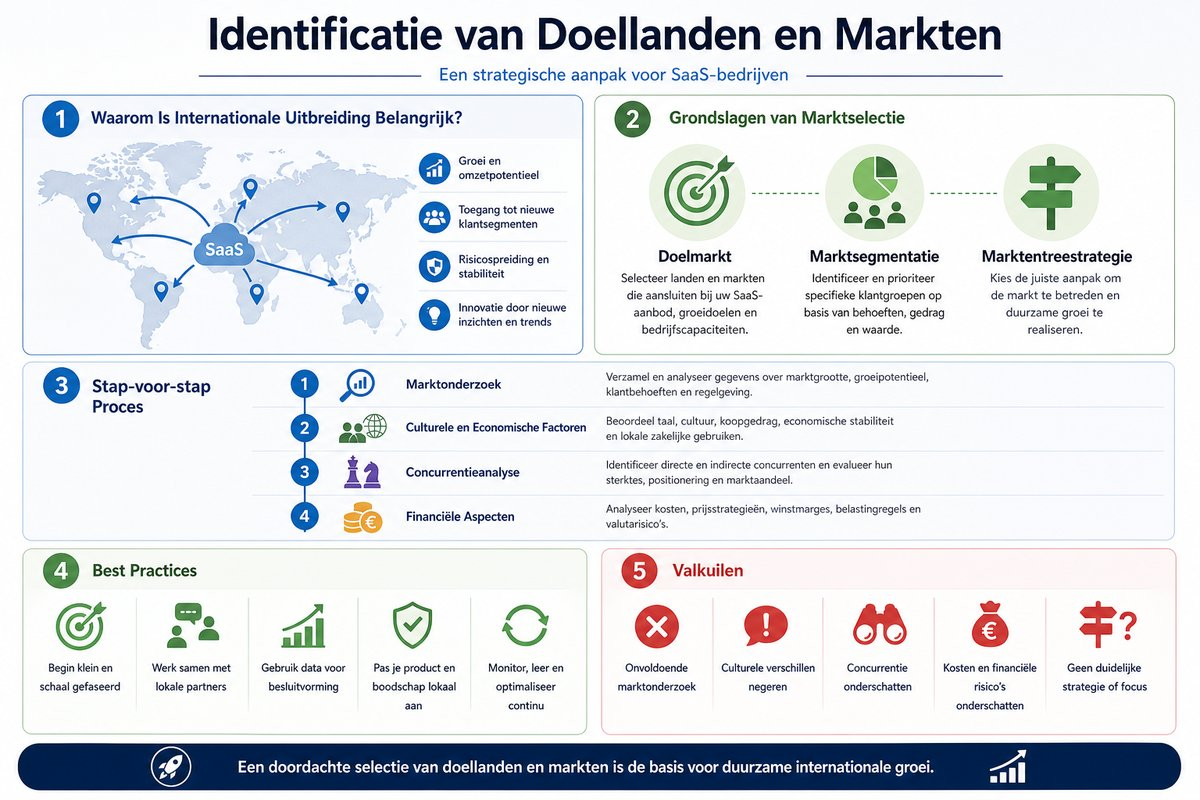 Infographic die het stap-voor-stap proces van marktselectie voor SaaS-bedrijven toont