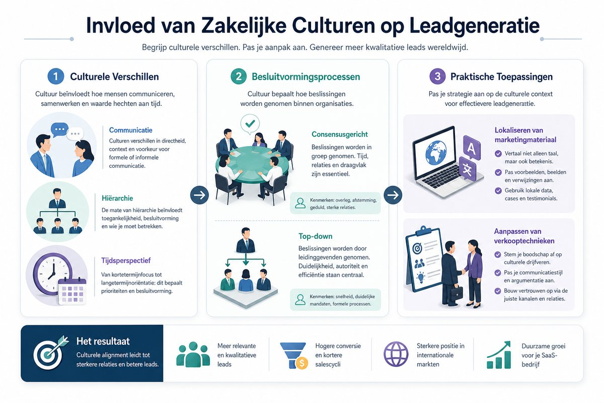 Infographic die culturele verschillen en hun invloed op communicatie en besluitvorming in internationale leadgeneratie toont.