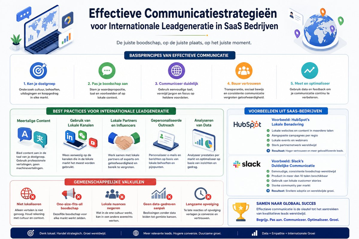 Infographic over basisprincipes van effectieve communicatie in internationale leadgeneratie voor SaaS bedrijven