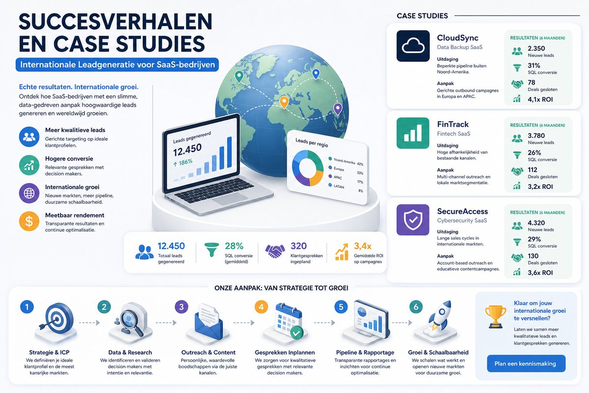 Infographic over de stappen van internationale leadgeneratie voor SaaS bedrijven