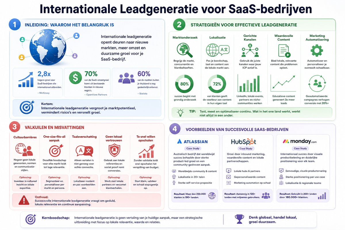 Infographic die de strategieën voor internationale leadgeneratie voor SaaS-bedrijven samenvat.