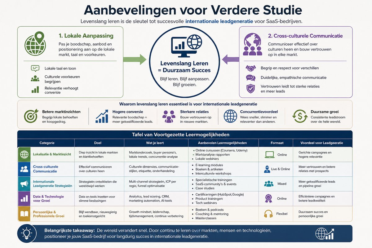 Infographic die de verschillende categorieën van voortgezette leermogelijkheden voor internationale leadgeneratie samenvat.