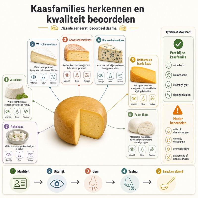 Beslisdiagram voor kaasbeoordeling: bepaal eerst de identiteit en controleer daarna uiterlijk, geur, textuur, smaak en afdronk tegen het verwachte familieprofiel.