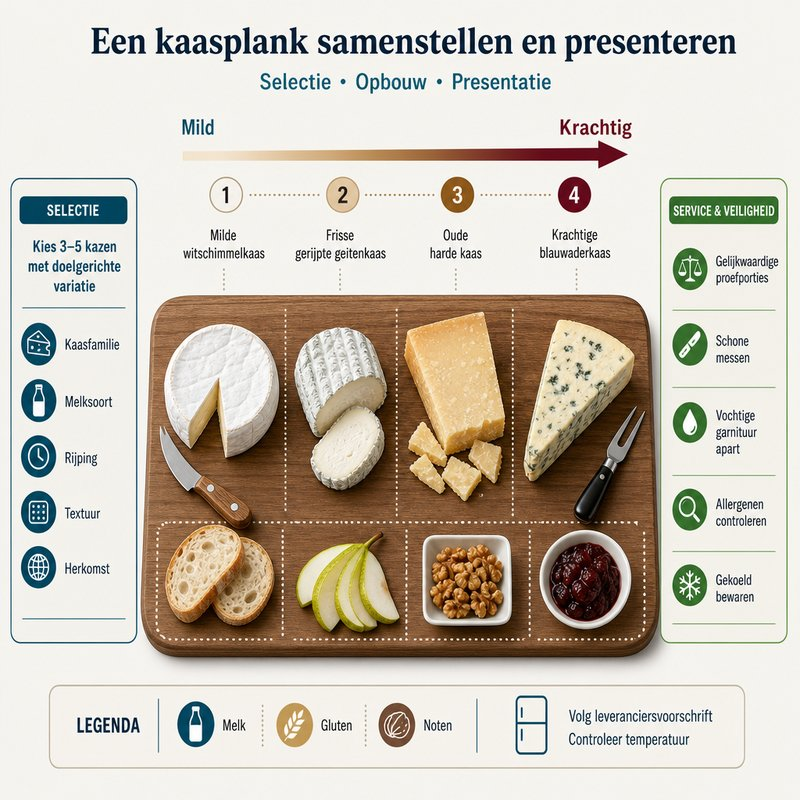 Schematische kaasplank met een proefrichting van milde, frisse kaas via romige en gerijpte kaas naar krachtige blauwaderkaas.