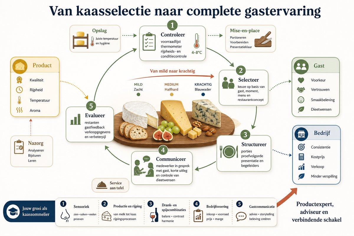 Stroomschema van professionele kaasservice: ontvangst en opslag, controle en voorbereiding, gastwensen inventariseren, selecteren, portioneren en presenteren, kort toelichten en achteraf evalueren.