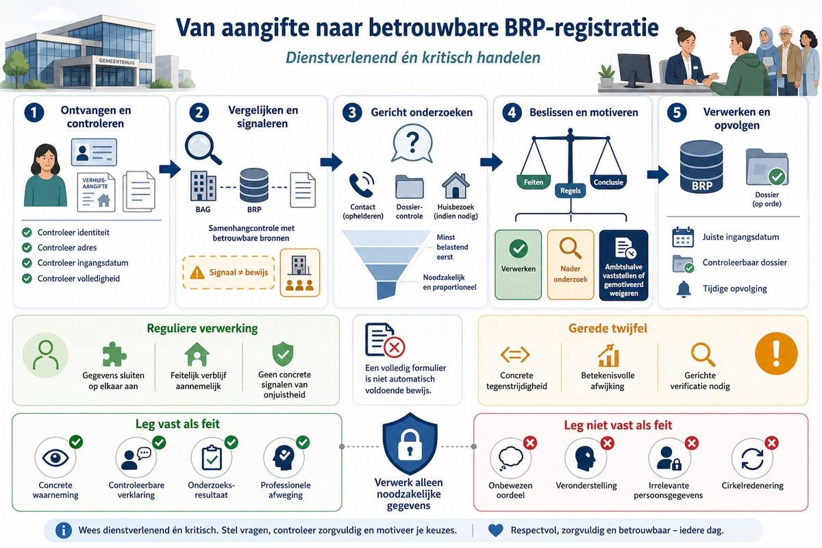 Beslisflow van aangifte en samenhangcontrole via concrete twijfel en proportioneel onderzoek naar een gemotiveerde BRP-beslissing en opvolging.
