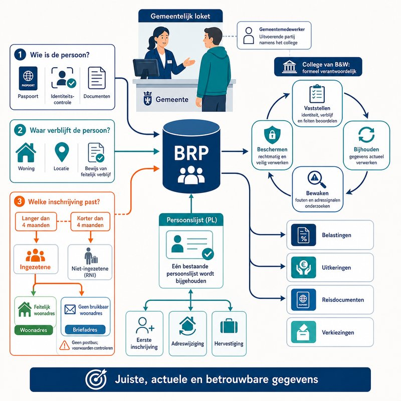 Schema waarin vaststellen, bijhouden, bewaken en beschermen als samenhangende gemeentelijke taken leiden tot een betrouwbare BRP en betrouwbare overheidsprocessen.